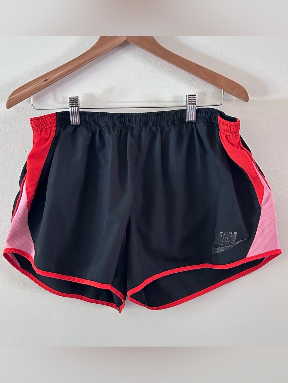 NIKE Dri-Fit Running Shorts with built-In Briefs. Size XL. Black & Coral.